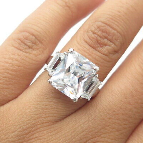 Jewelry - 925 Sterling Silver Vintage Uncas Square-Cut White C Z Engagement Ring Size 6